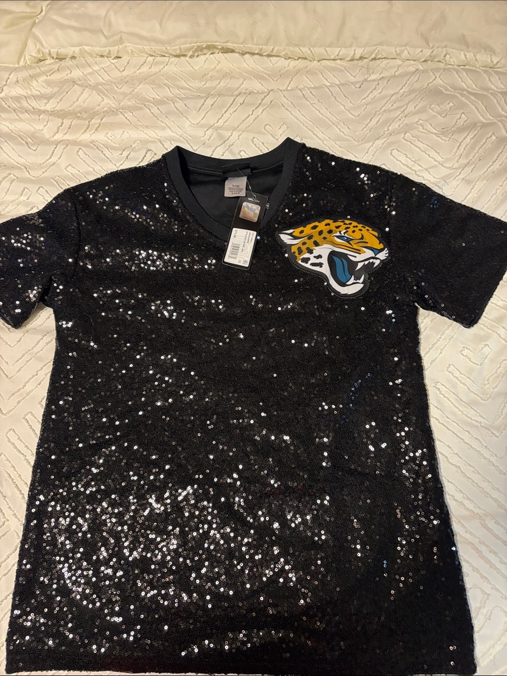 NFL Black Sequin Short Sleeve Tee with Jacksonville Jaguars Patch